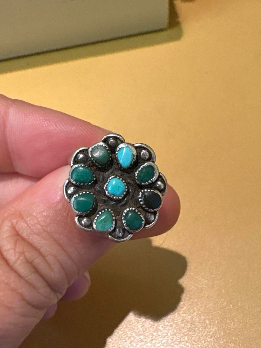 Green Turquoise Floral Cluster Ring in Silver Tone